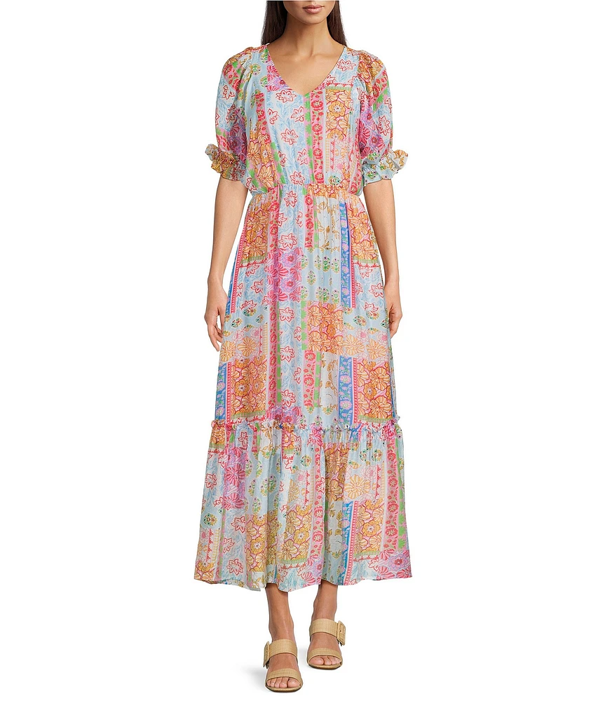 Calessa Patchwork Mosaic Print V-Neck Short Sleeve Tiered Maxi Dress