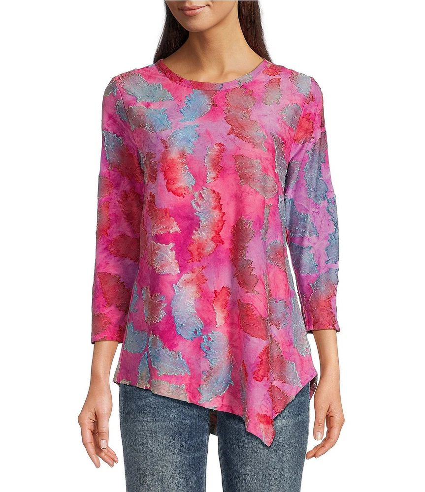 Calessa Petite Size Burnout Tie-Dye Crew Neck 3/4 Sleeve Tunic