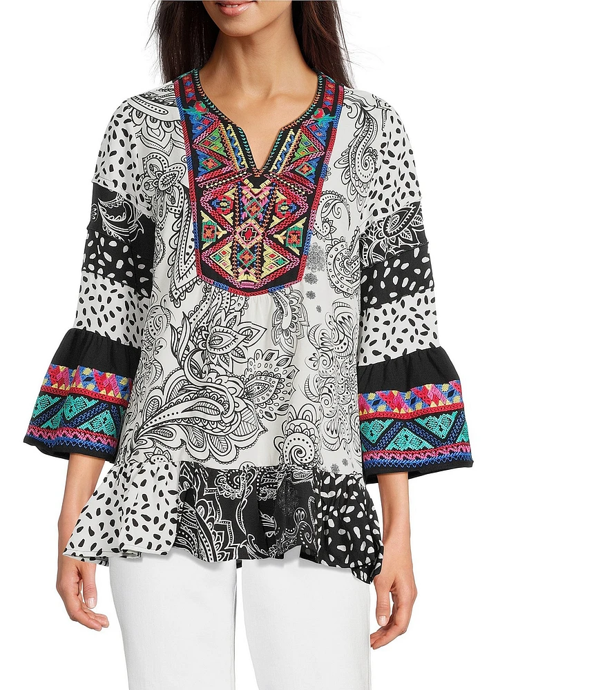 Calessa Petite Size Embroidered Patchwork Print Split V-Neck 3/4 Sleeve Tunic