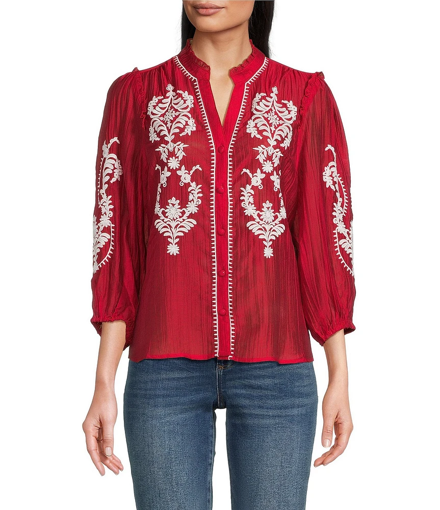 Calessa Petite Size Embroidered Ruffle Split V-Neck 3/4 Sleeve Button Front Tunic