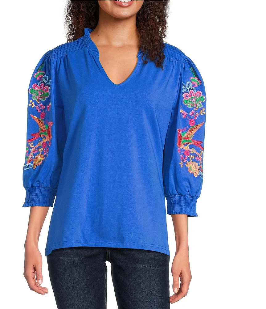 Calessa Petite Size Embroidered 3/4 Sleeve Split V-Neck Tunic
