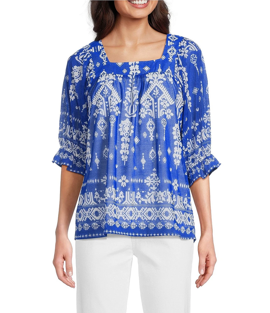 Calessa Petite Size Mesh Knit Border Henna Printed Square Neck Elbow Sleeve Tunic
