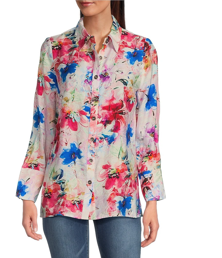 Calessa Petite Size Textured Crinkle Antique Abstract Print Point Collar Long Sleeve Button Front Blouse