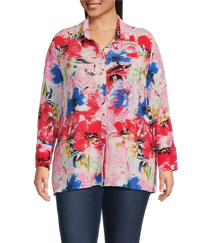 Calessa Plus Size Antique Floral Print Textured Crinkle Point Collar Long Sleeve Button Front Tunic