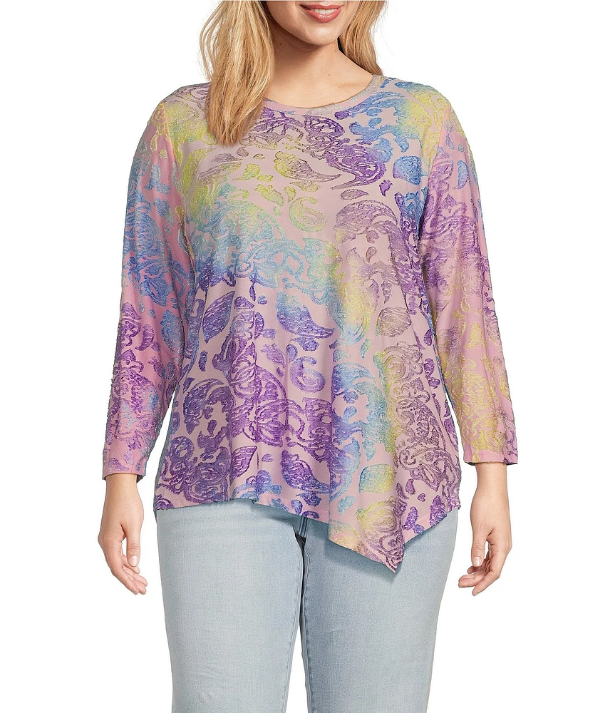 Calessa Plus Size Burnout Knit Tie-Dye Crew Neck 3/4 Sleeve Asymmetrical Hem Tunic