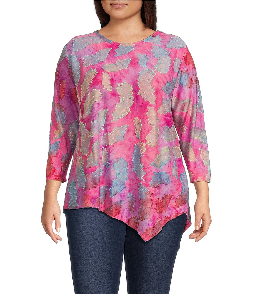 Calessa Plus Size Burnout Leaf Tie-Dye Crew Neck 3/4 Sleeve Tunic