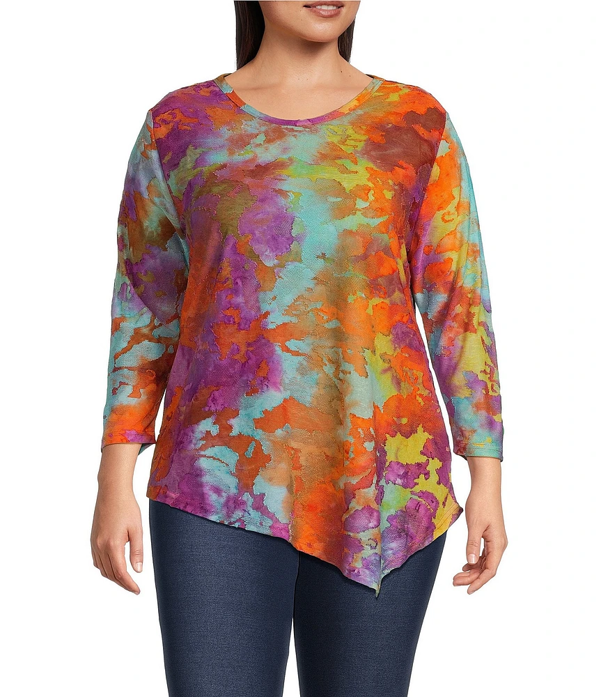 Calessa Plus Size Stretch Burnout Knit Tie-Dye Crew Neck 3/4 Sleeve Asymmetric Hem Tunic