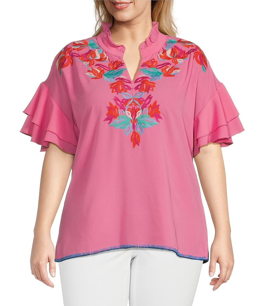 Calessa Plus Size Embroidered Ruffled V-Neck Cap Sleeve Shirttail Hem Top