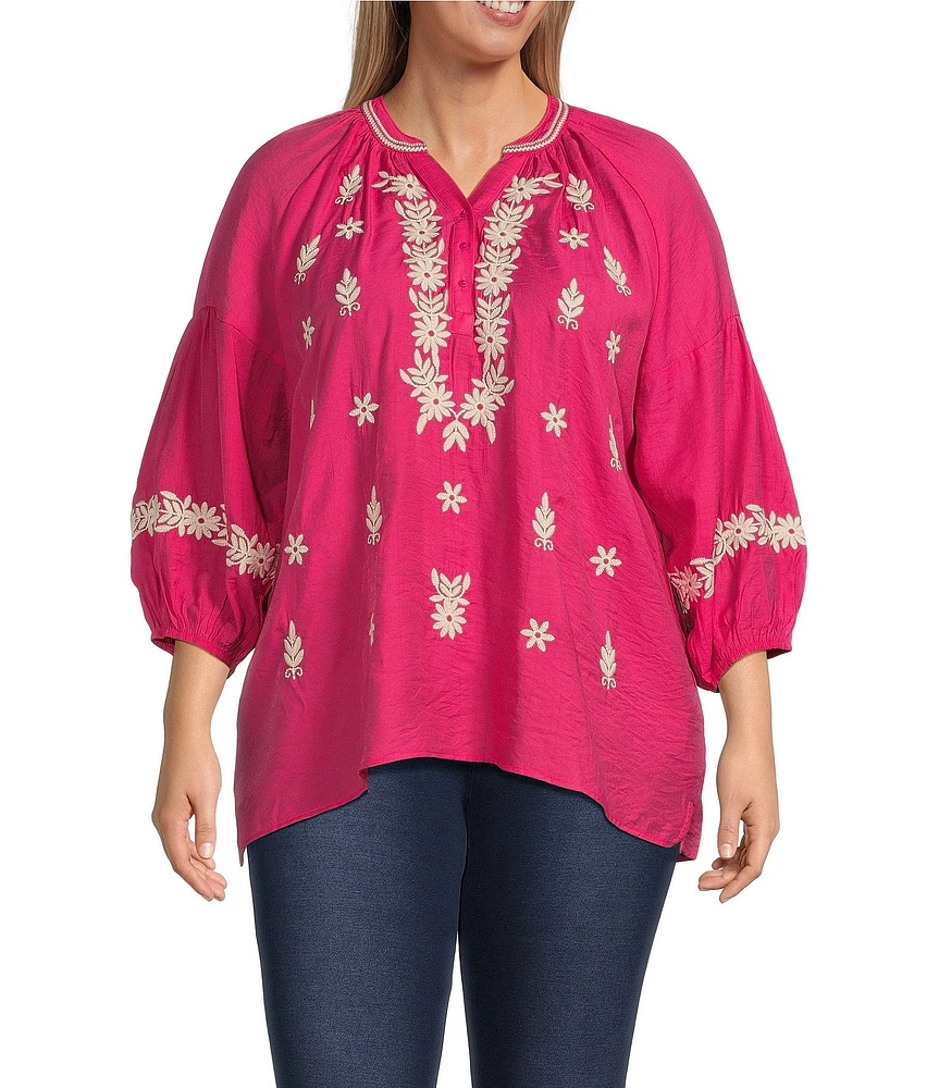 Calessa Plus Size Embroidered Split Neck Bracelet Length Sleeve Tunic