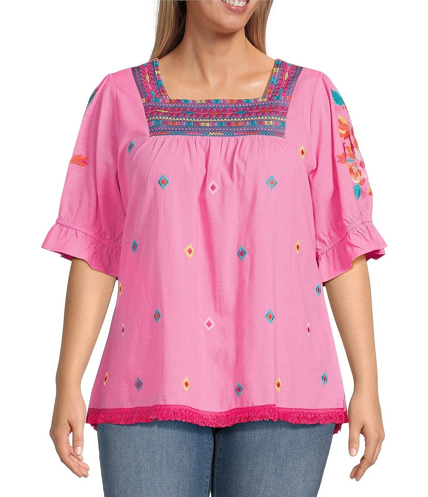 Calessa Plus Size Embroidered Square Neck Short Sleeve Top