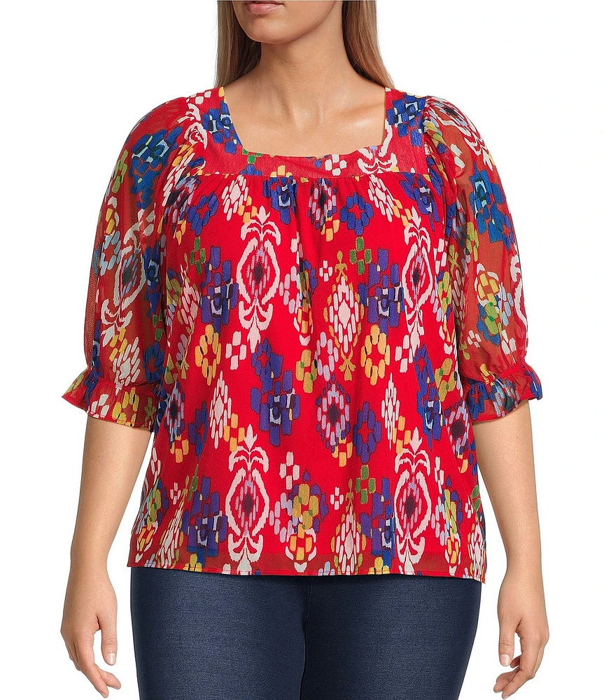 Calessa Plus Size Mesh Knit Ikat Printed Square Neck Elbow Sleeve Tunic