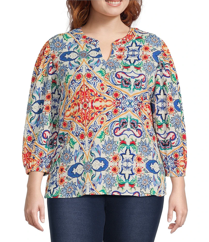 Calessa Plus Size Textured Crinkle Knit Florentine Mosaic Print Banded Split V-Neck Long Balloon Sleeve Tunic