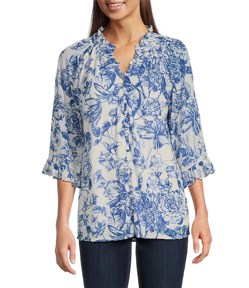 Calessa Porcelain Floral Mesh Ruffled Split V-Neck Long Sleeve Button Front Blouse