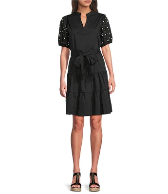 Calessa Short Pearl Sleeve Split V-Neck Tiered Dress