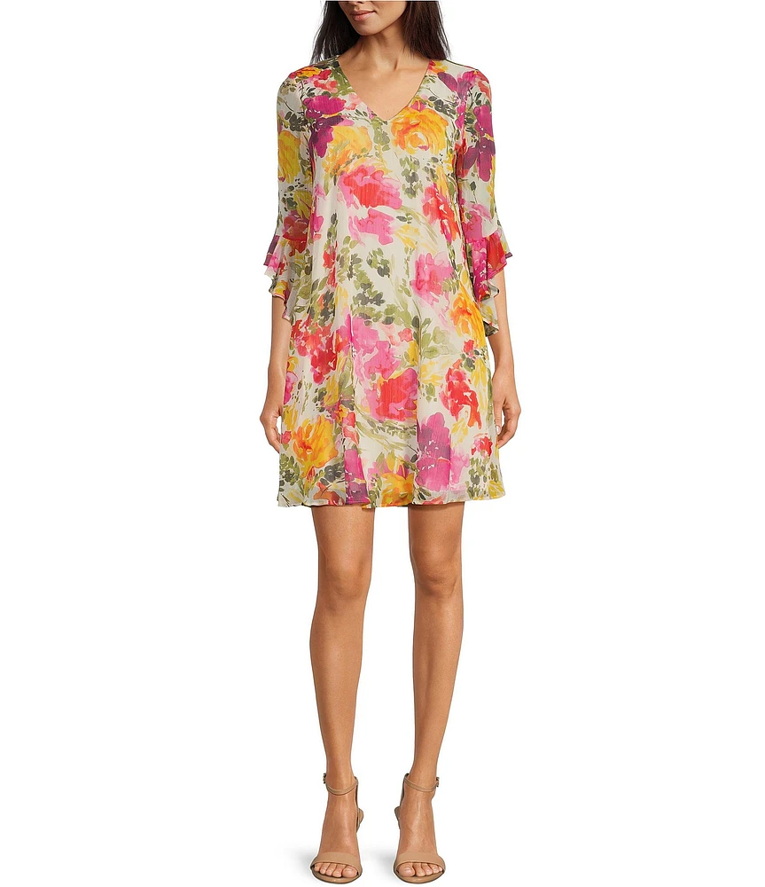 Calvin Klein 3/4 Angel Sleeve V-Neck Floral Chiffon Dress