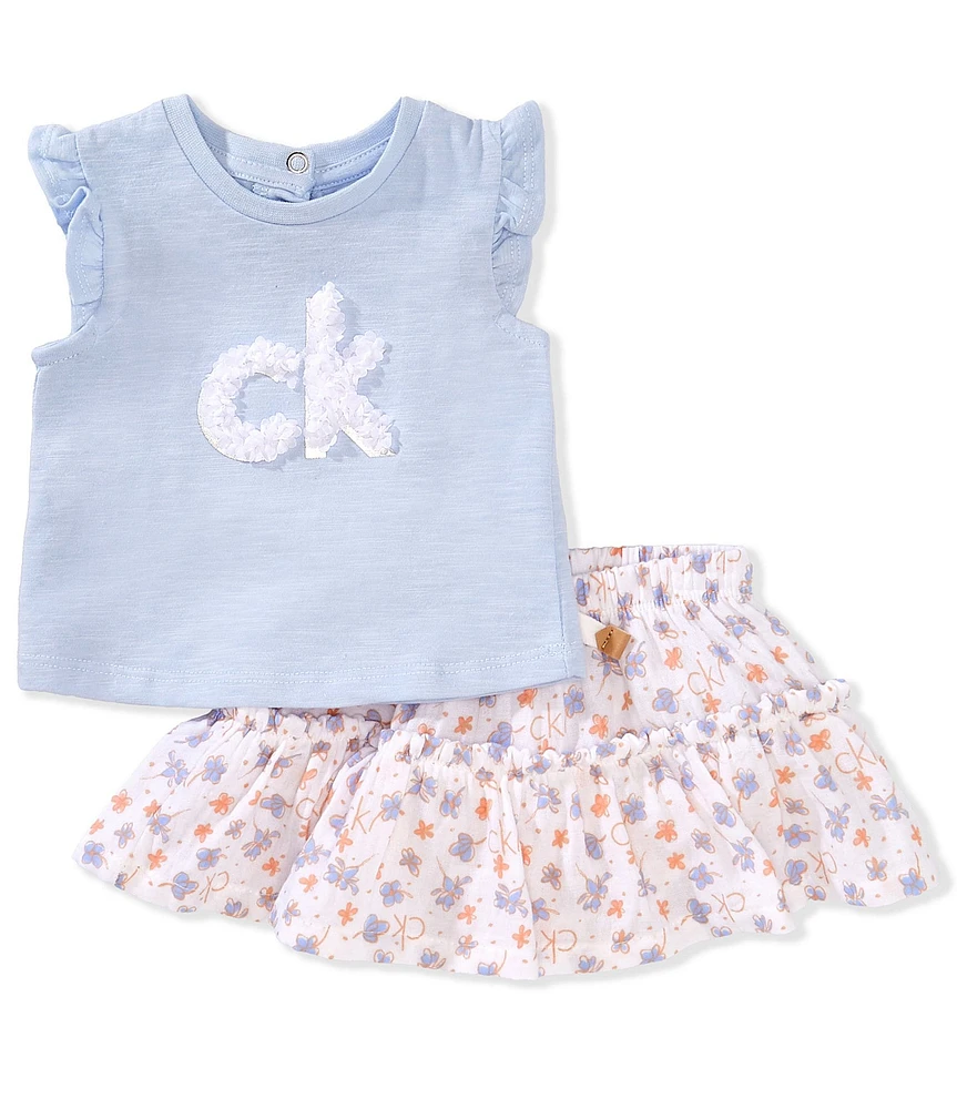 Calvin Klein Baby Girls Crewneck Flutter Sleeve T-Shirt & Skirted Diaper Cover Set