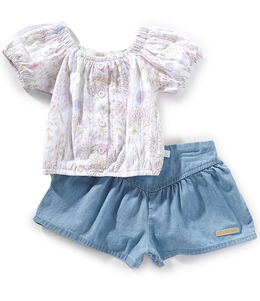 Calvin Klein Baby Girls Puffed-Sleeve Top & Coordinating Shorts Set