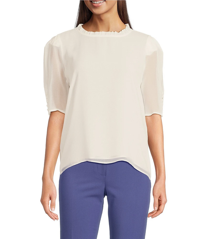 Calvin Klein Chiffon Ruffle Mock Neck Puff Sleeve Blouse