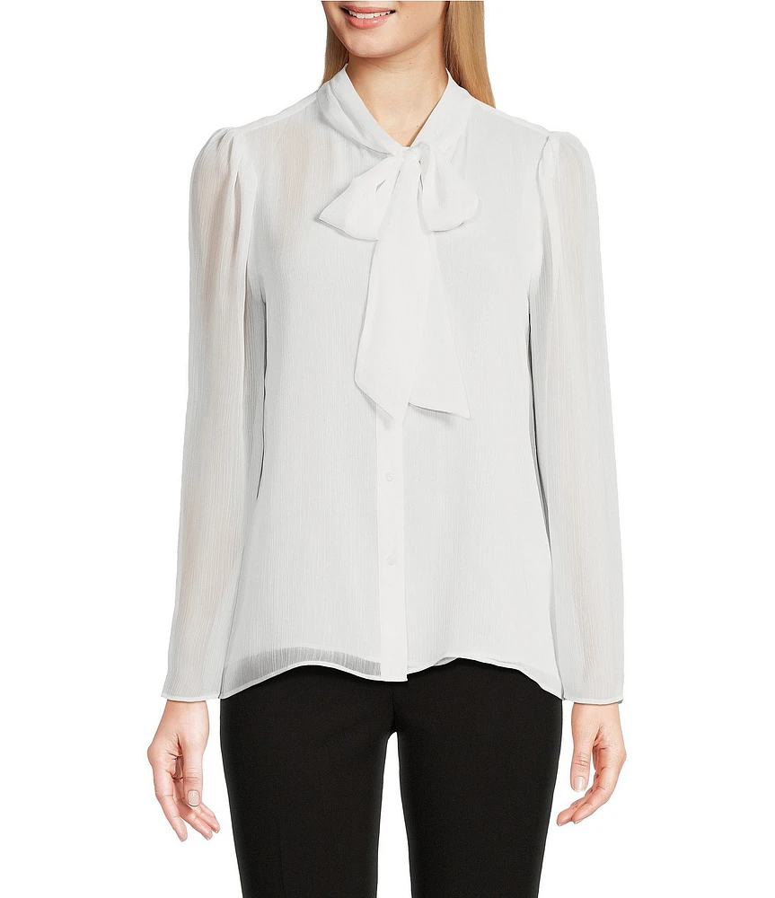 Calvin Klein Chiffon Tie-Neck Long Flare Sleeve Button Down Blouse