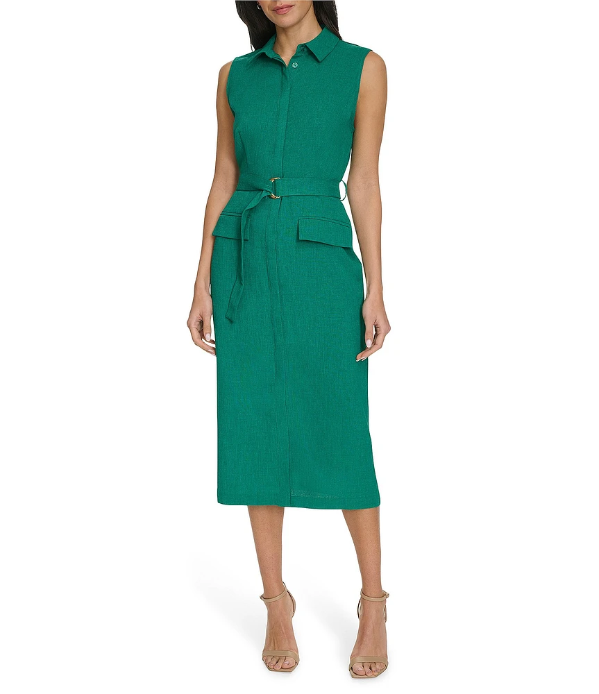 Calvin Klein Collared Neck Sleeveless Belted Crosshatch Crepe Sheath Midi Dress