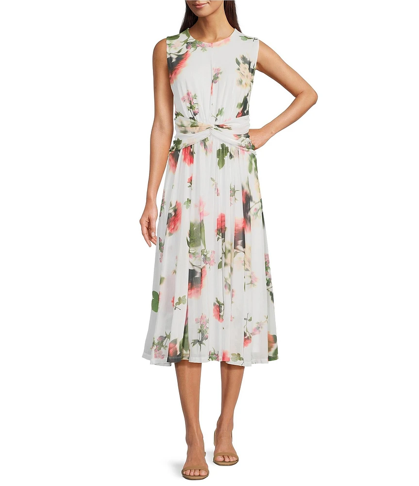 Calvin Klein Crew Neck Sleeveless Ruched Waist A Line Floral Mesh Midi Dress
