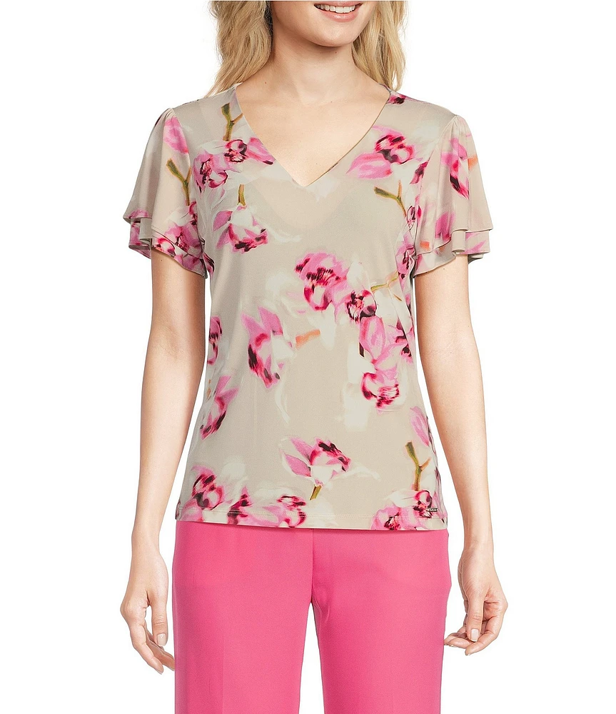 Calvin Klein Floral Matte Jersey V-Neck Flutter Short Sleeve Top