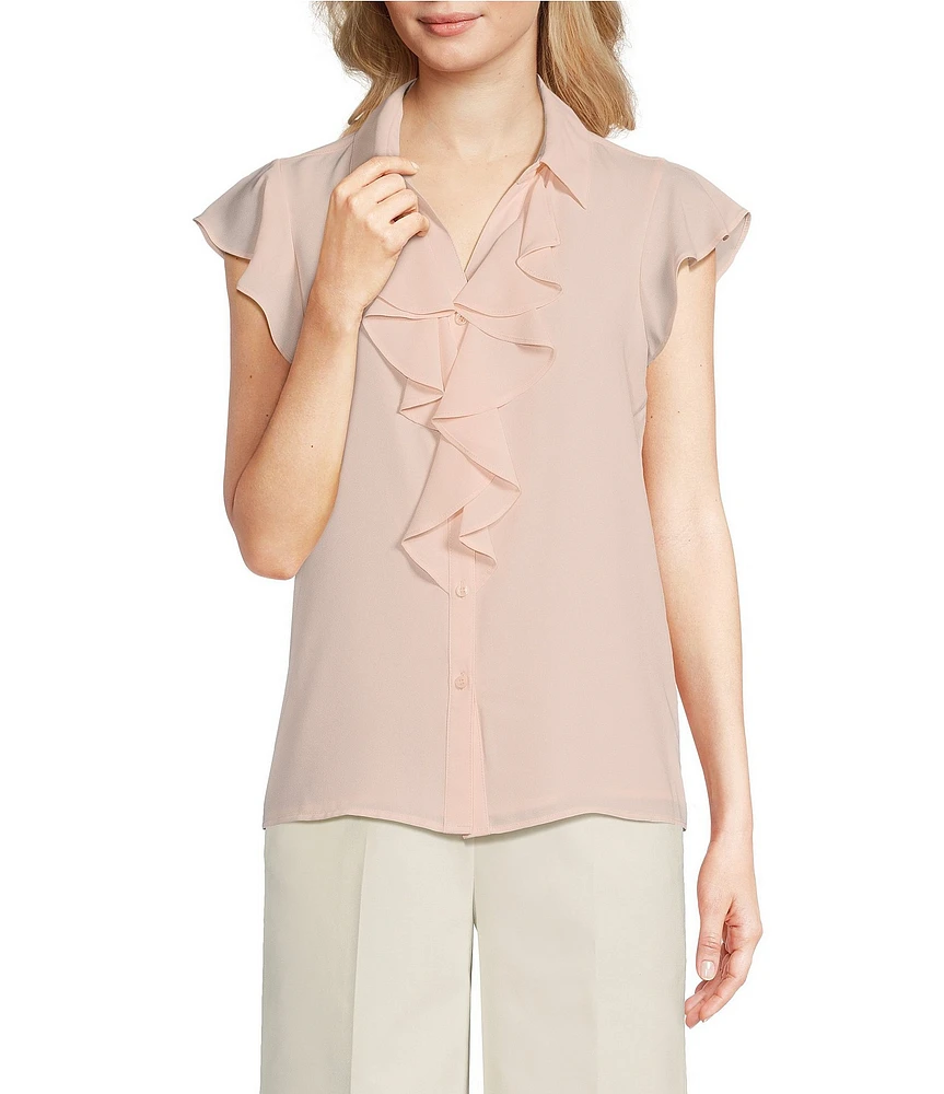 Calvin Klein Futter Sleeve Point Collar Ruffle Button Front Blouse