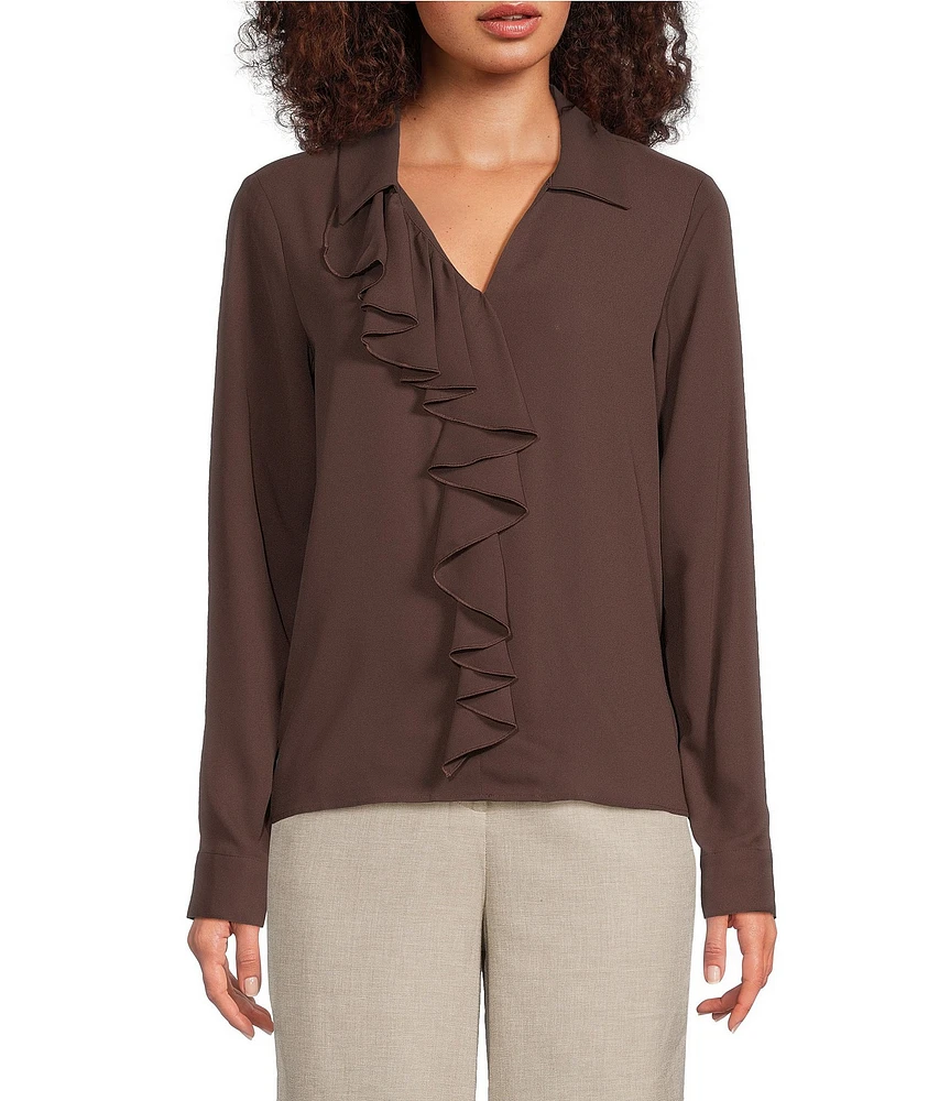 Calvin Klein Georgette Collared V-Neck Long Sleeve Ruffle Front Blouse