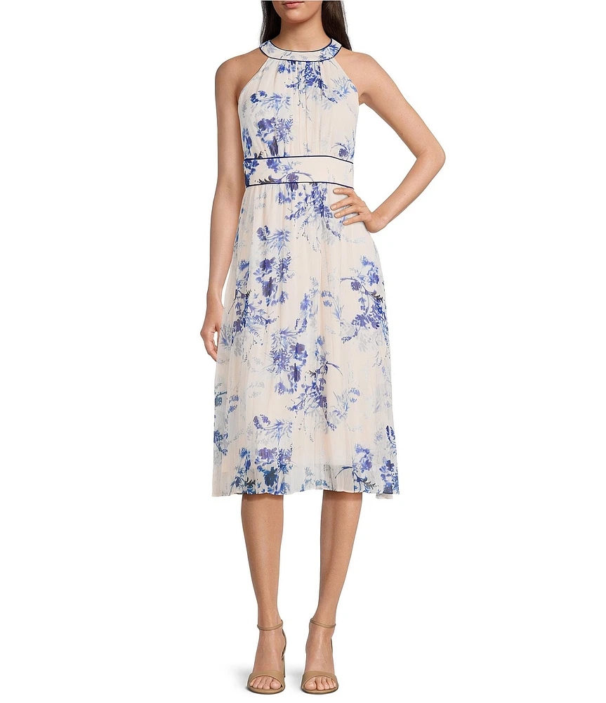 Calvin Klein Halter Neck Floral Print Chiffon Midi Dress