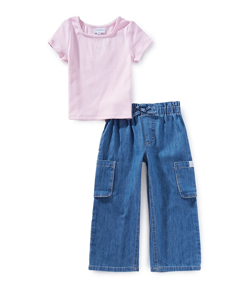 Calvin Klein Little Girls Short Sleeve Logo T-Shirt & Cargo-Pocket Denim Jeans Set