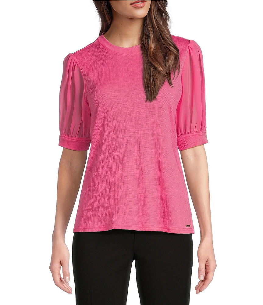 Calvin Klein Mixed Media Short Puff Sleeve Top