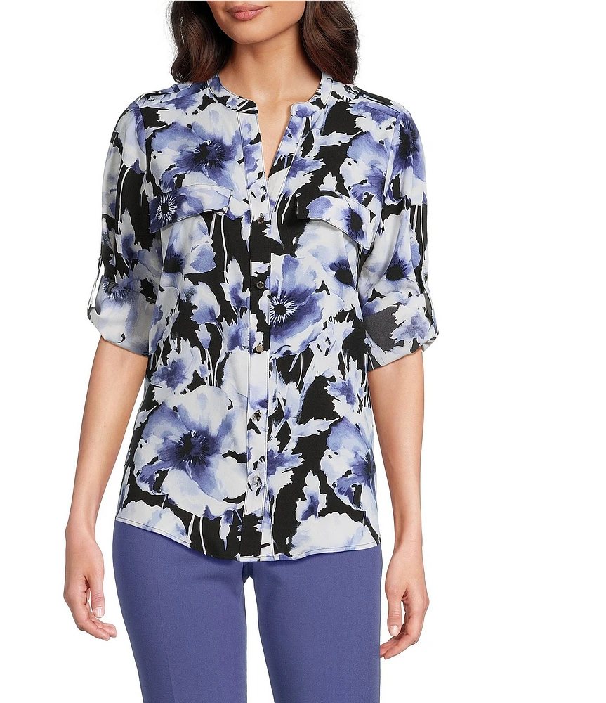 Calvin Klein Printed Crepe De Chine Split V-Neck Roll-Tab Sleeves Button Front Blouse