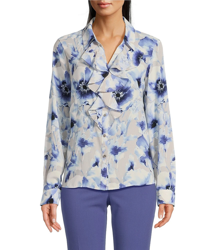 Calvin Klein Printed Georgette Point Collar Long SLeeve Ruffle Front Blouse