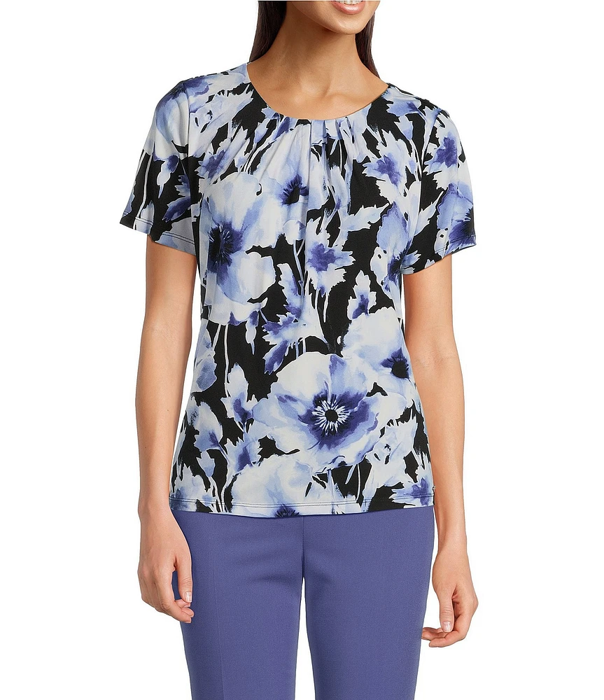 Calvin Klein Printed Matte Jersey Pleated Crew Neck Short Sleeve Blouse