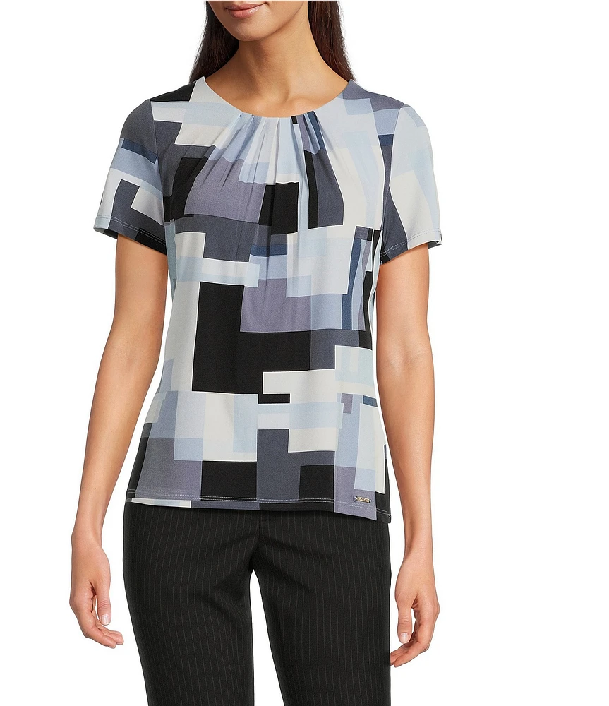 Calvin Klein Printed Matte Jersey Pleated Crew Neck Short Sleeve Fitted Blouse