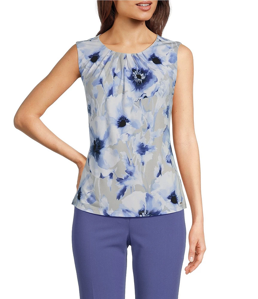 Calvin Klein Printed Matte Jersey Pleated Crew Neck Sleeveless Blouse