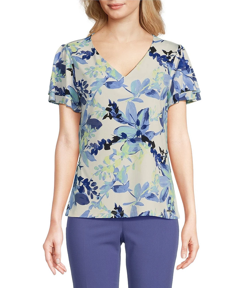 Calvin Klein Printed Matte Jersey V-Neck Flutter Sleeve Blouse
