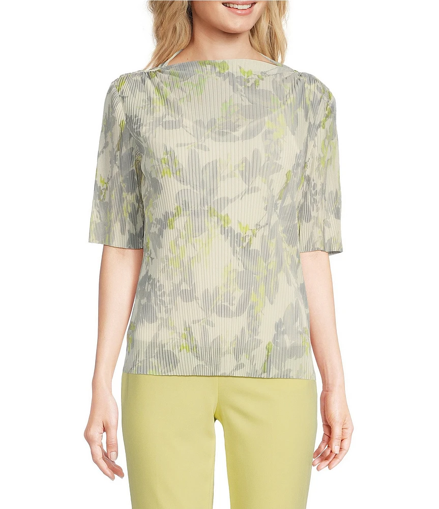 Calvin Klein Printed Mesh Knit Crew Neck Short Sleeve Pleated Blouse