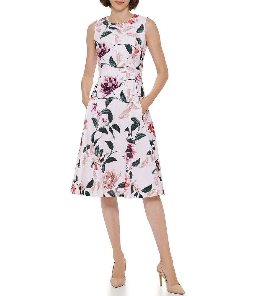 Calvin Klein Scuba Crepe Crew Neck Sleeveless Floral A-Line Dress
