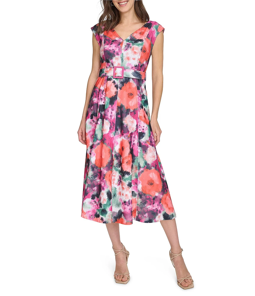 Calvin Klein Scuba Crepe V Neck Short Sleeve Belted A Line Midi Dress