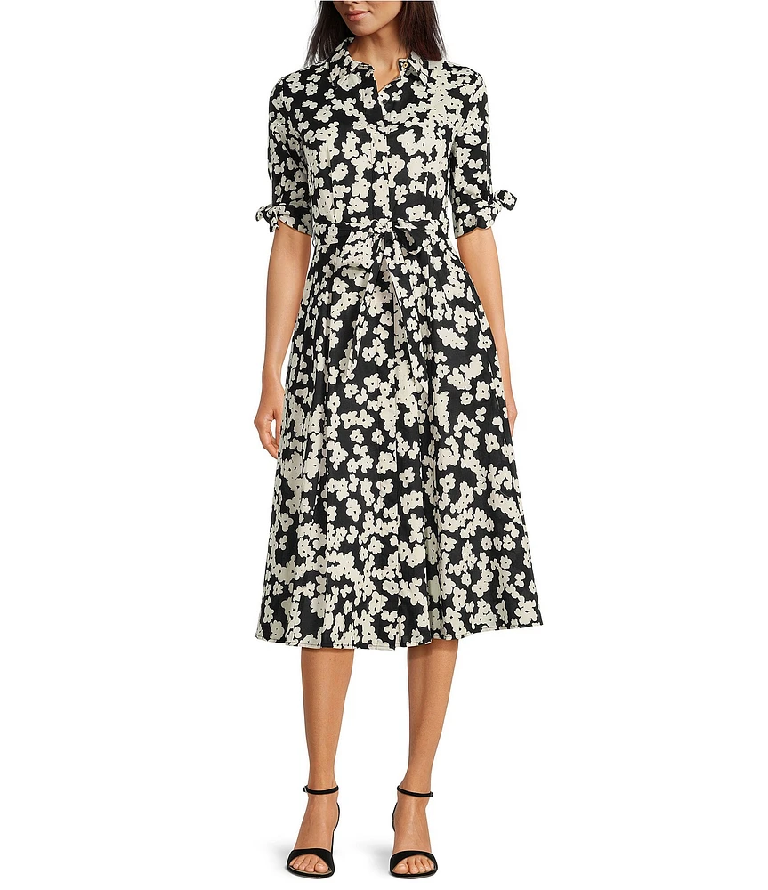 Calvin Klein Short Sleeve Belted Floral Shirt Midi Dress