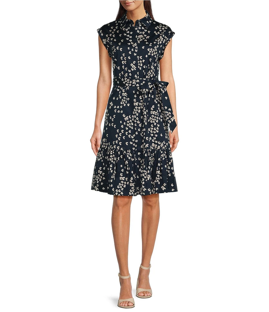 Calvin Klein Short Sleeve Floral Print Belted Button Front Shirt Dress