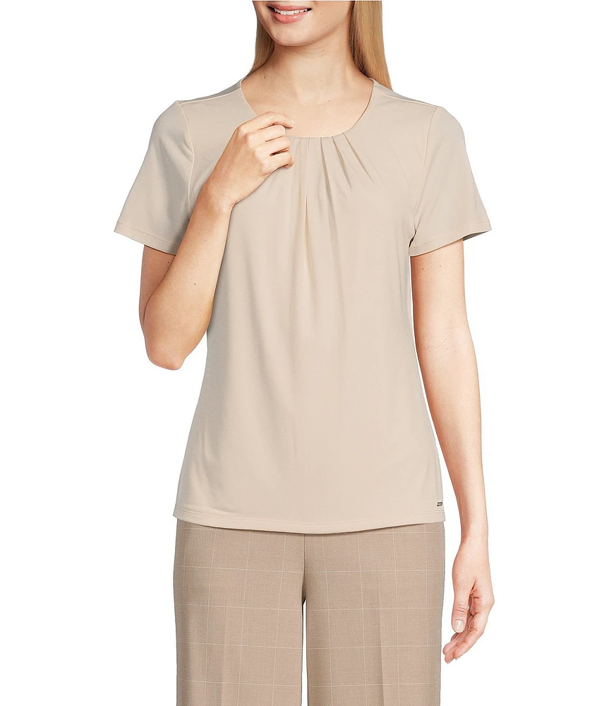Calvin Klein Solid Matte Jersey Pleated Crew Neck Short Sleeve Blouse
