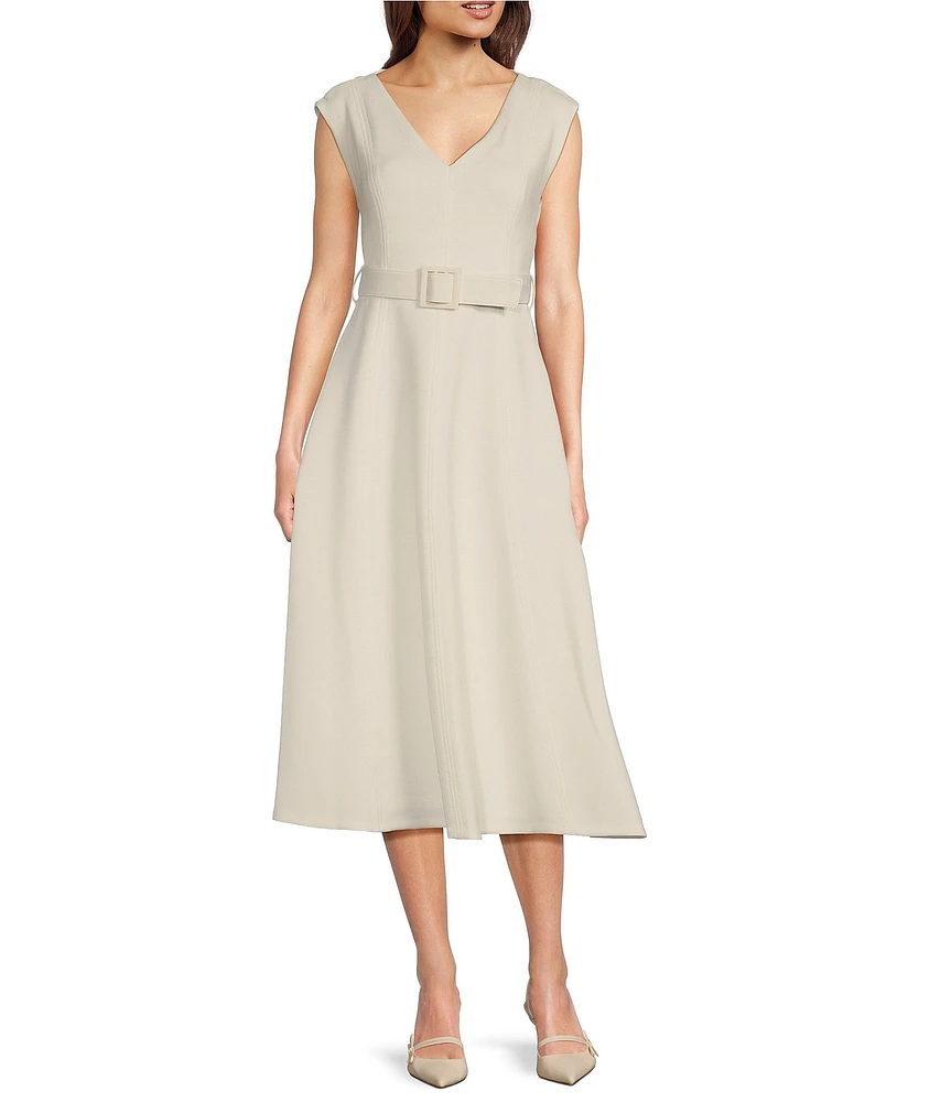 Calvin Klein V-Neck Fit and Flare Belted Scuba Midi Dress