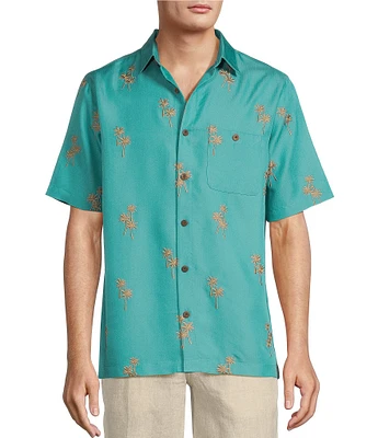 Caribbean Allover Palm Embroidery Short Sleeve Woven Shirt