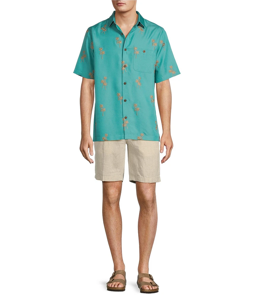 Caribbean Allover Palm Embroidery Short Sleeve Woven Shirt