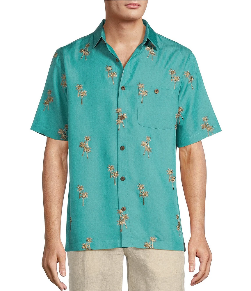 Caribbean Big & Tall All Over Palm Embroidery Short Sleeve Woven Shirt