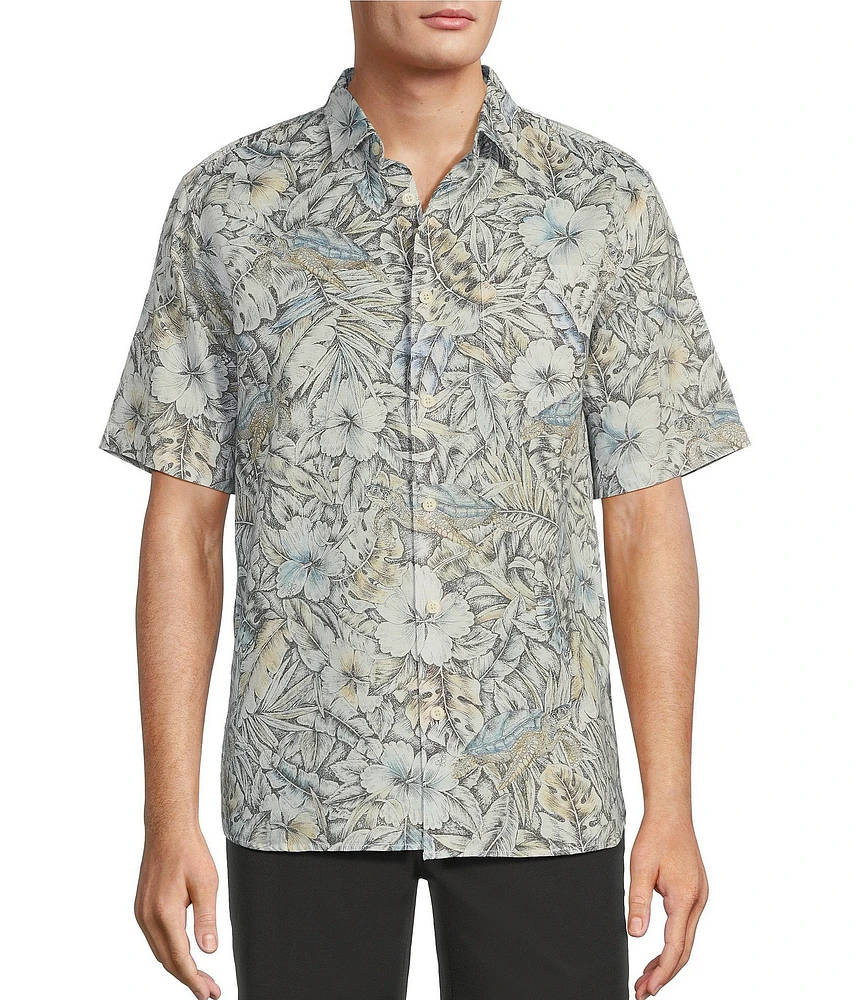 Caribbean Big & Tall Fancy Turtle Print Linen Short Sleeve Woven Shirt
