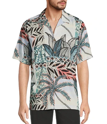 Caribbean Big & Tall Jacquard Patchwork Palm Print Short Sleeve Woven Camp Shirt