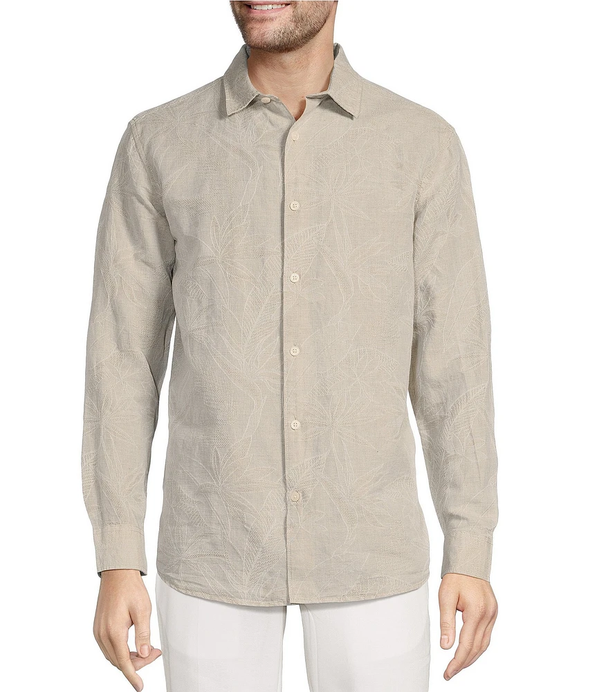 Caribbean Bird of Paradise Jacquard Linen Blend Long Sleeve Woven Shirt